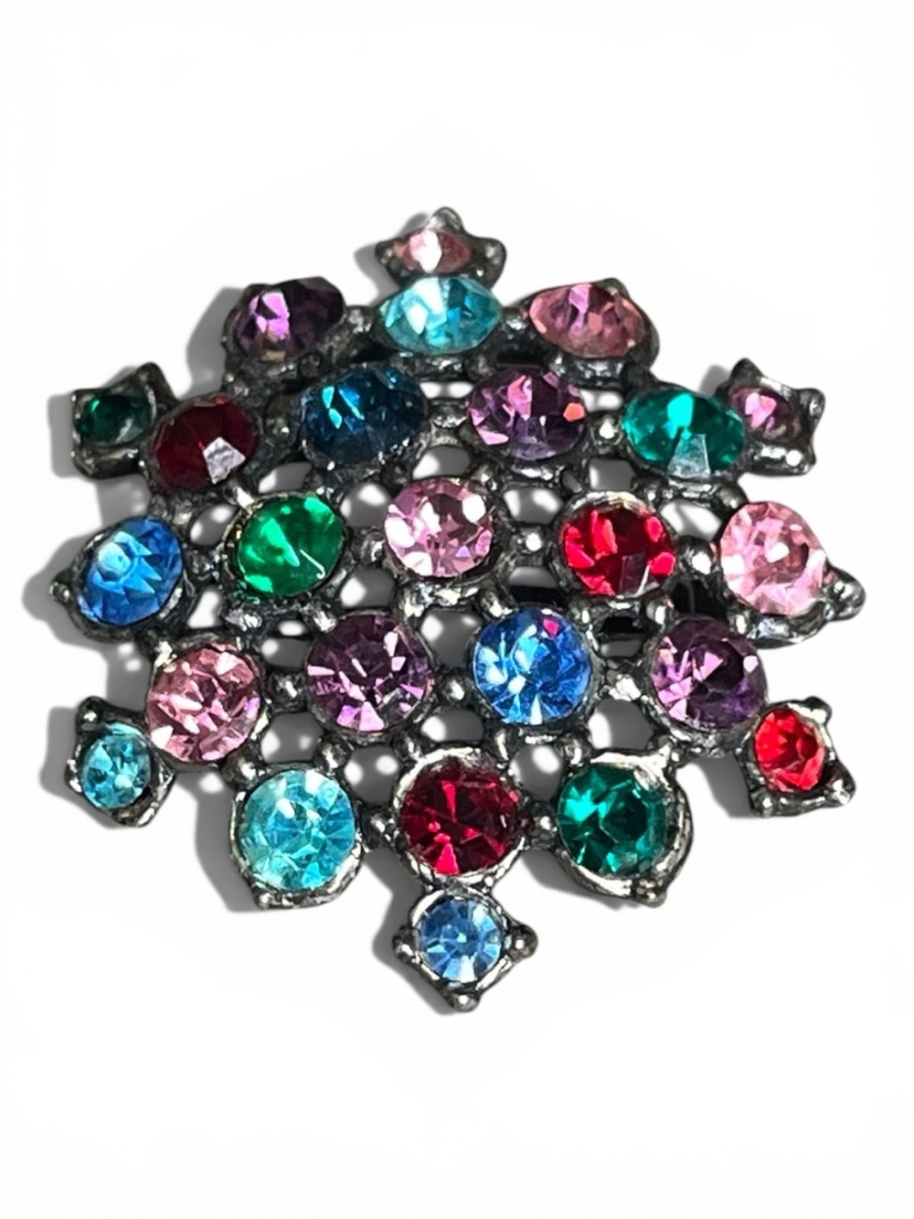 Vintage Multicolor Rhinestone Confetti Brooch Gunmetal Starburst fruit salad